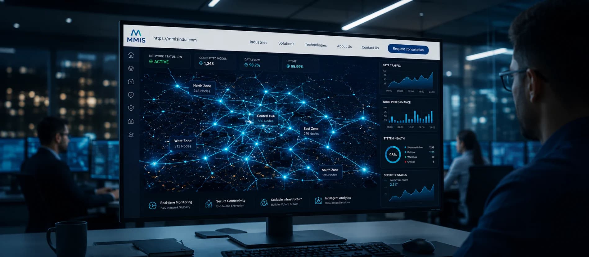 Close up of a smart grid digital interface showing electricity flow through a city at night.