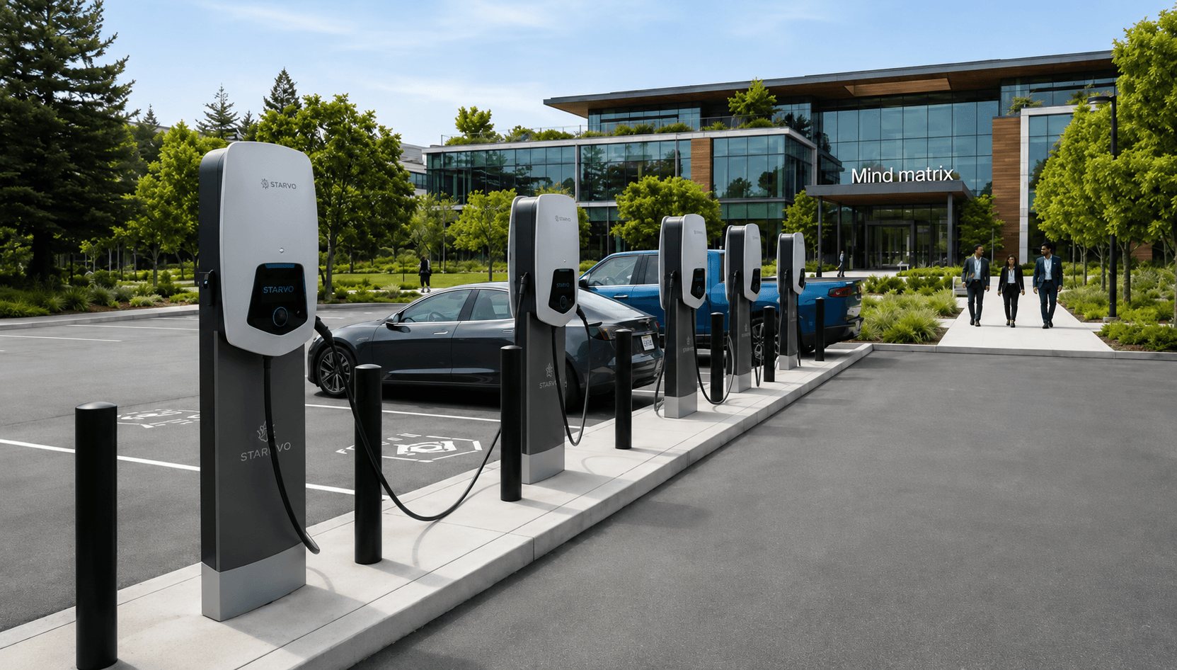 Electric vehicle charging station infrastructure at a high-tech corporate campus.
